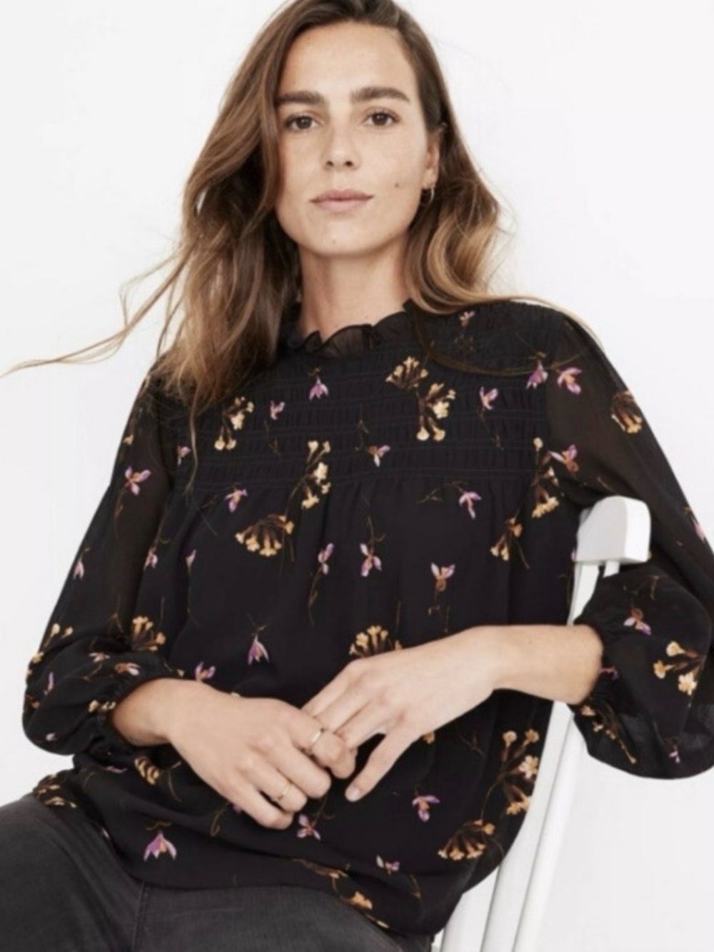 Madewell Falling Freesias Smocked Ruffle Floral Blouse Black S